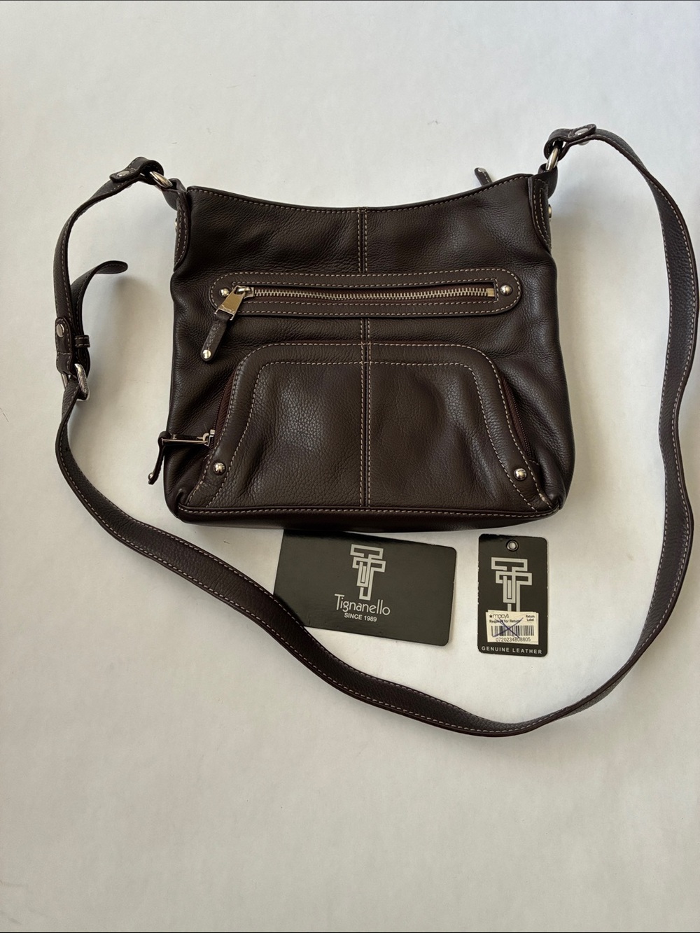 Tignanello Dark Brown Pebbled Leather Messenger Crossbody